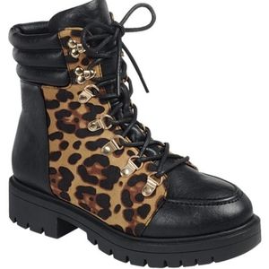 Women's lace up black leopard print combat boot